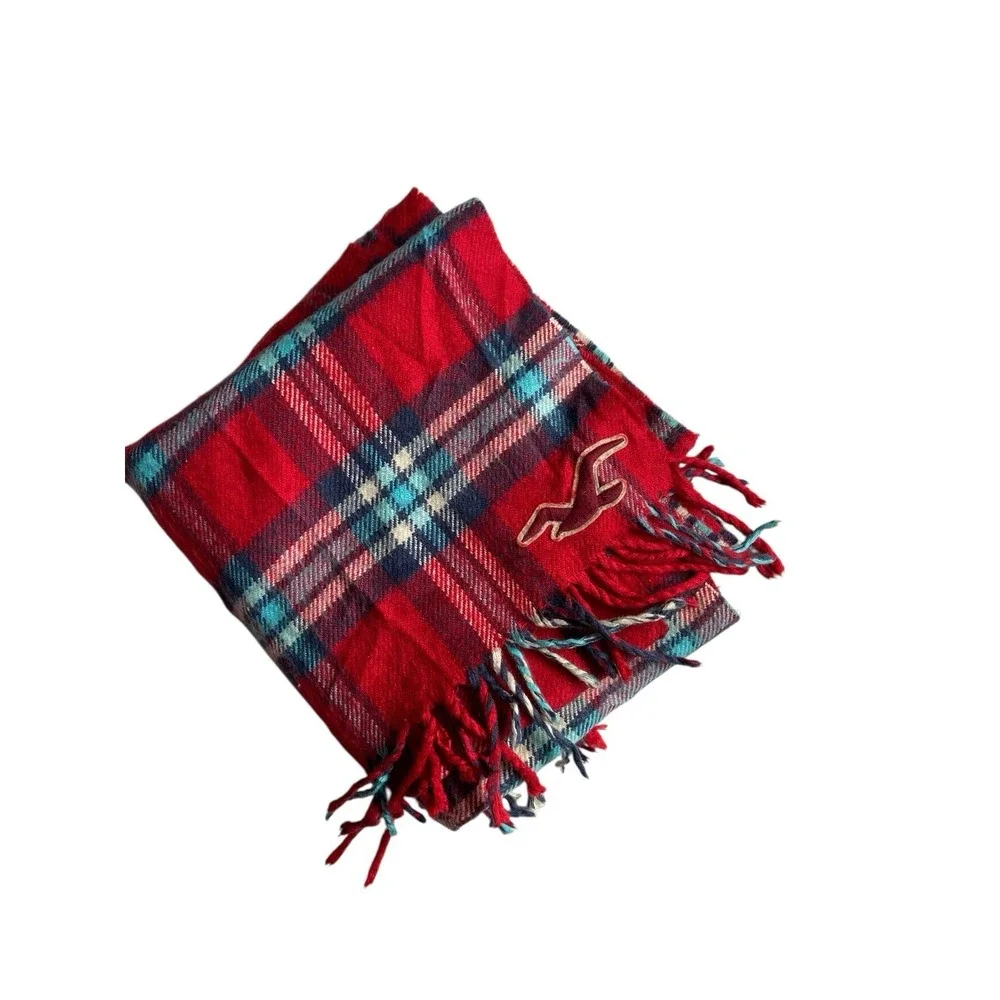 Hollister Red Plaid Fringe Logo Scarf Cozy Preppy Winter‎ Cabincore Outdoors Ivy